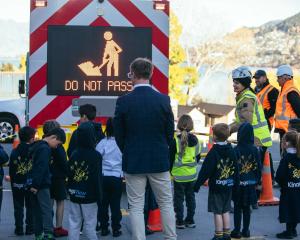 Kingsview Primary School pupils fascinated by a Fulton Hogan attenuator truck on Wednesday as...