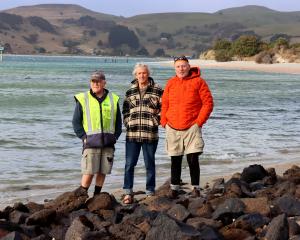 Inspecting the groynes at the harbour end of the spit by Aramoana are (from left) Aramoana League...