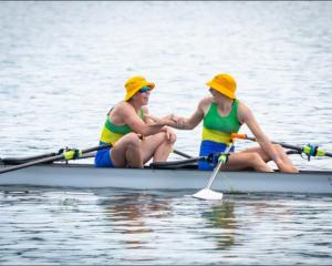 Elsie Talbot (left) and Freddy Todhunter celebrate their win in the senior double sculls at this...
