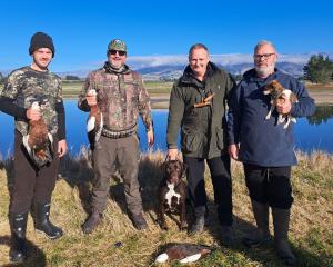 Duck-shooters (from left) Jack Webber, Hamish Johnson, Andrew Johnson and Glen Webber get...