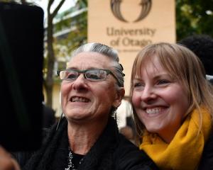 University of Otago staff members Tui Kent (left) and Lisa Kremer take a selfie after the...
