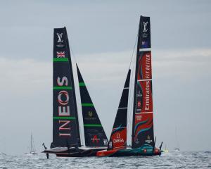Ineos Britannia and Emirates Team New Zealand in action during race two. Photo: Reuters 
