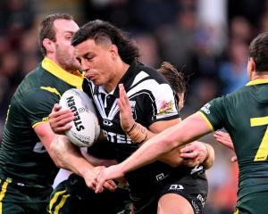 Joseph Tapine charges forward during the men's 2024 Rugby League Pacific Championships match...