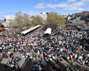 Thousands gathered in the Octagon to protest against cuts to the new Dunedin Hospital. Photo:...