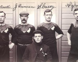Jimmy Duncan with the four other Otago members of the 1905 All Black Originals squad. They are ...