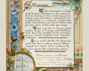 An illuminated address presented to Alexander Miller on September 5, 1896. Collection of Toitū...