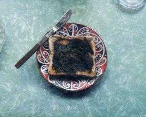 Marmite on Toast with Green Formica, by Simon Richardson, oil paint and egg tempera on panel, now...
