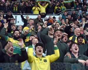 We are back! Green Island fans celebrate during the Dunedin club final at Forsyth Barr Stadium...
