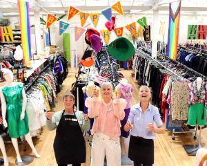 Celebrating five years of the Vogel St Hospice Shop are (from left) volunteer Tracey Penty,...
