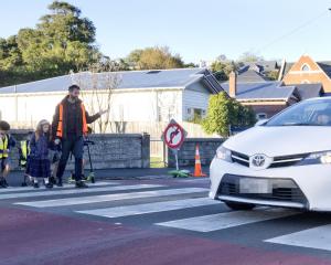 A motorist drives over a pedestrian crossing on North Rd as the Sacred Heart School walking bus...