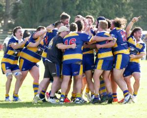 Toko RFC premiers celebrate on their home ground in Milton on Saturday after defeating Crescent...