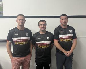 Reaching a milestone in appearances are Edendale club rugby players (from left) Phillip Brown,...