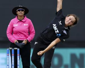 Eden Carson sends down a delivery during a women's ODI match between New Zealand and Australia at...
