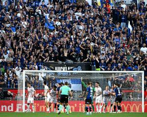 Auckland FC fans wait for a penalty kick to be taken during their match against Western Sydney...
