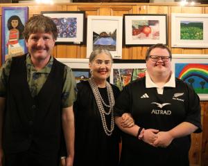 Oamaru artists Christopher Wright (left) and Todd Rawson (right) with IHC national patron Dame...