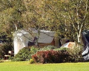 A homeless man has built a wooden hut at the Oval sports field in Dunedin. Photo: Stephen Jaquiery