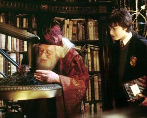 Dumbledore (Richard Harris) counsels Harry Potter (Daniel Radcliffe) in a scene from Harry Potter...