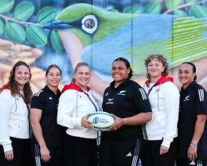 Canadian and Black Ferns players (from left) Holly Phillips, Amy du Plessis, Emily Tuttosi, Tanya...