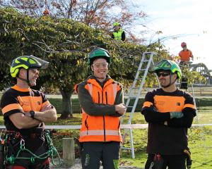 Otago Polytechnic arborists (from left) Ben Fentiman, trainee Ben Russell and Alvar Del Castillo...