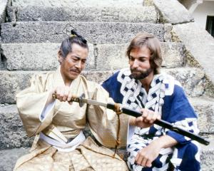 Toshiro Mifune (1920-1997, left), as Yoshi Toranaga, and American actor Richard Chamberlain as...