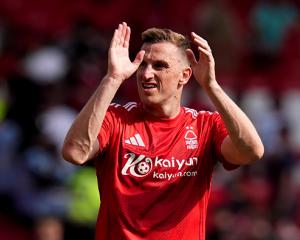 Chris Wood celebrates after scoring his 20th goal of the season for Nottingham Forest. Photo:...