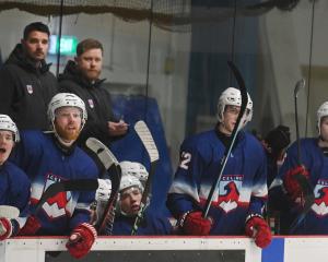 Iceland players cheer their team-mates on during a game at the Dunedin Ice Stadium this week....