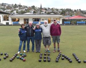 North East Valley Bowling Club members (from left) Mary Ann Harrington, Colin "Wheels" Wheeler,...