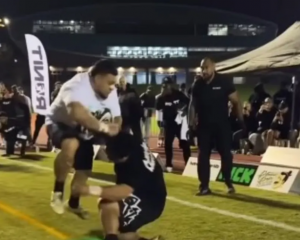 Two men collide during a Run it Straight sporting event in Auckland. Photo: Supplied / RUNIT...