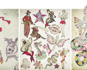 From left: Jack Jones’ skeleton in a red dress design. A selection of Jones’ collection of flash...