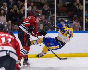 Canterbury Red Devils’ Noah Moncrieff hits SkyCity Stampede’s Jett McCullum during last Saturday...