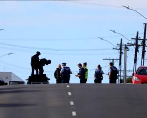 Police at the stand-off this afternoon. Photo: Marika Khabazi / RNZ