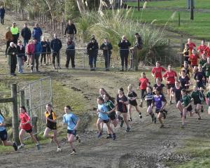Competitors in the girls’ under-13 grade run across paddocks in Waimumu yesterday. PHOTOS: GREGOR...