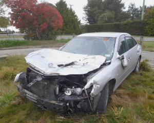 Russell Jenkin’s car after crashing into runaway stock on State Highway 94, north of Gore. PHOTO:...