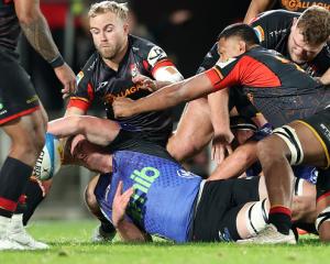 Josh Beehre of the Blues scores a try late in the game to beat the Chiefs at FMG Stadium in...