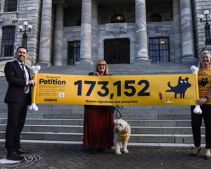 MPs Greg Fleming and Jenny Marcroft, and Animates' Nathalie Moolenschot, with Frankie the golden...