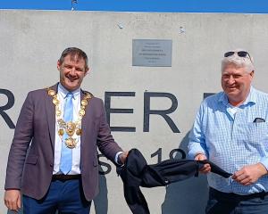 Timaru Mayor Nigel Bowen (left) and businessman Gary Rooney officially open Fraser Park. PHOTO:...