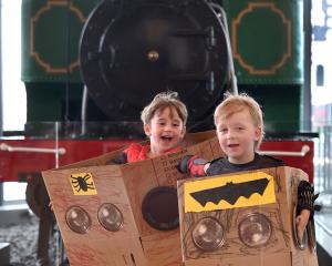 Oakley Stott (left) and Harry Powell, both 5, celebrate double-ended Fairlie locomotive Josephine...