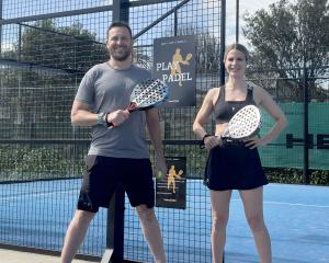 Pure Padel co-founder Thomas Price and doubles partner Rachel Bowden before playing a game of...