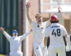 Otago captain Luke Georgeson successfully appeals for lbw against Canterbury batter Chad Bowes...