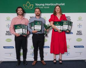 Young Horticulturist of the Year winner Jake Linklater is flanked by third-placed Wellington...