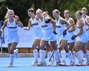 The Alpiners women celebrate one of Tessa Reid’s two goals against the Falcons at Nunweek Park in...