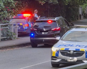 Police at one of the cordons set up on the corner of Nile St and Tory St in central Nelson during...