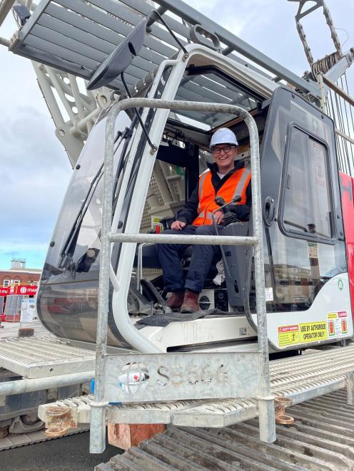 Dunedin Labour MP David Clark drives a crane on the Dunedin Hospital construction site. Photo:...
