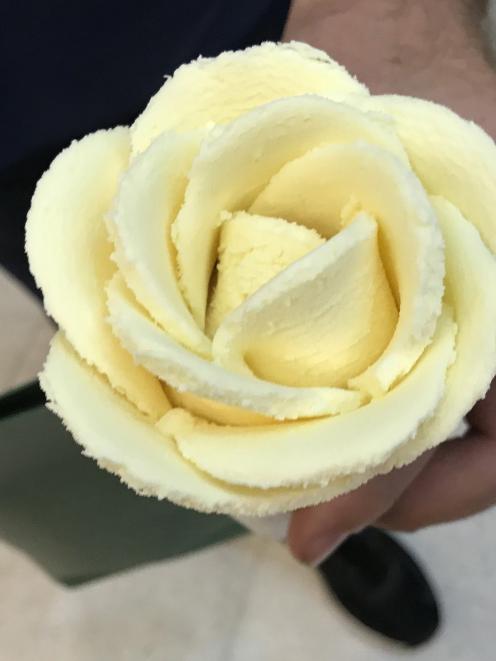 A lotus flower sculpted from durian ice cream.









