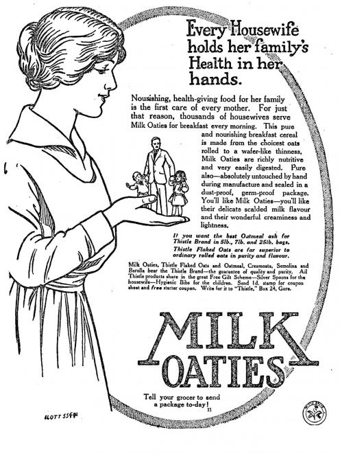 A 1917 advertisement for Milk Oaties, stating that providing ‘‘nourishing, health-giving food for...
