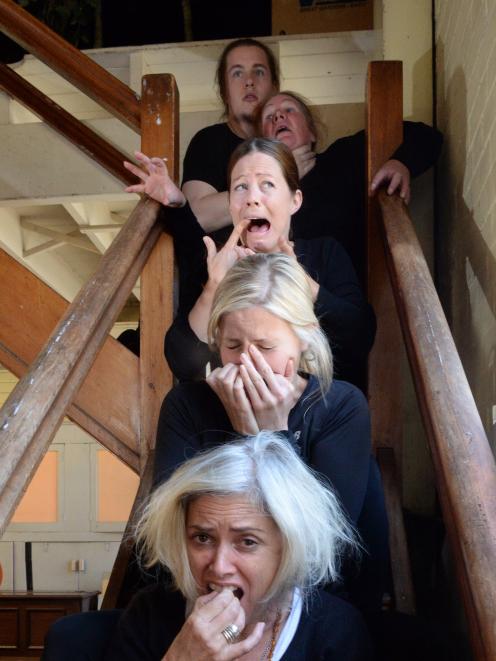 Rehearsing for Dunedin Fringe Festival show Life Stories: A Work Showing in the Fortune Rehearsal Room (from front to back) Claire Waldron, Sophie Morris, Jodie Bate, Cheryl Amos, Andrew Brinsley-Pirie. Photo by Linda Robertson.