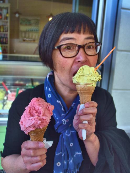 My partner, Haruko, enjoys gelato ice-cream. One of them is mine. 