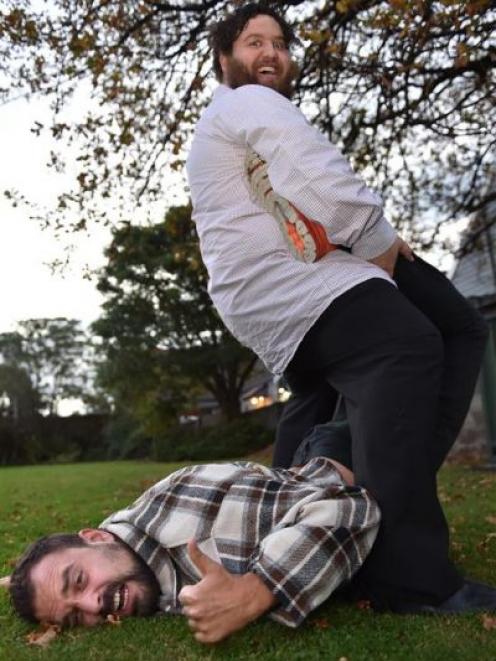 Director J. Ollie Lucks (left) and  wrestler Wilbur McDougall are filming the documentary The King in the Ring  in Otago and Southland. Photo by Gregor Richardson.