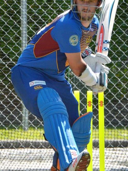 Otago opener Hamish Rutherford prepares to play a drive during a net session at the University Oval yesterday. PHOTO: GERARD O'BRIEN