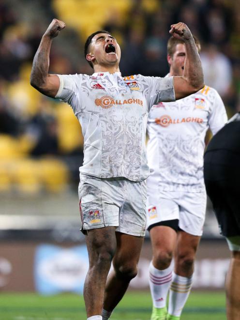 Anton Lienert-Brown of the Chiefs celebrates a hard-fought win in Wellington. Photo: Getty